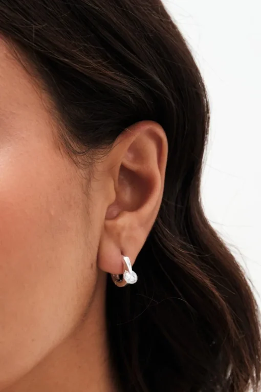 Sterling Silver 925 Polished And Cubic Zirconia Besel Centre Stone Hoop Earrings