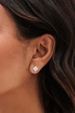Sterling Silver 925 Polished and Cubic Zirconia Pave Clover Stud Earrings