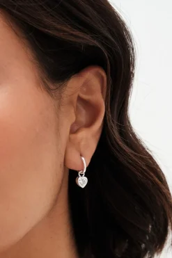 Sterling Silver 925 Polished And Cubic Zirconia Silver Crystal Heart Charm Hoop Earrings