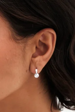 Sterling Silver 925 Polished And Cubic Zirconia Besel Centre Stone Hoop Earrings