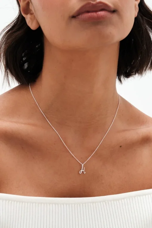 Sterling Silver 925 Polished and Cubic Zirconia Initial Pendant - H