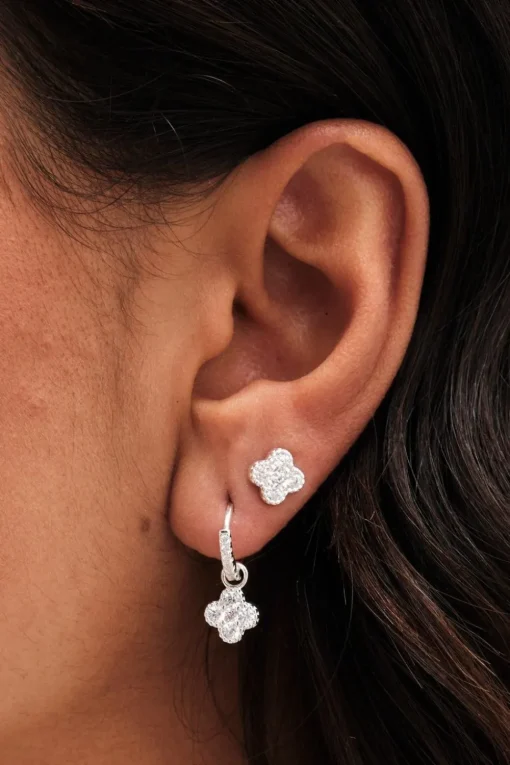 Sterling Silver 925 Polished and Cubic Zirconia Pave Clover Stud Earrings