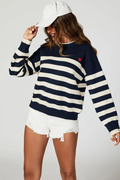 Stripe Jumper with Heart Embroidery In Navy
