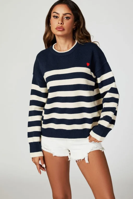 Stripe Jumper with Heart Embroidery In Navy
