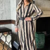 Stripe Print Button Front Midi Belted Shirt Dress