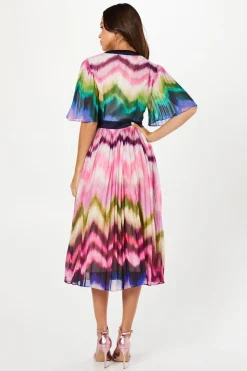 Stripe Print Pleated Midi Wedding Guest Dress