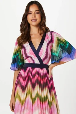 Stripe Print Pleated Midi Wedding Guest Dress