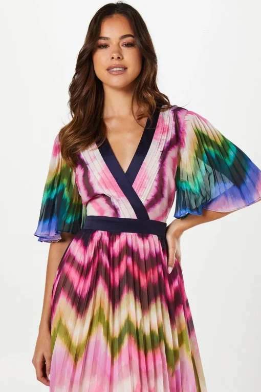 Stripe Print Pleated Midi Wedding Guest Dress