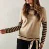 Stripe Sleeve Tie Waist High Neck Jumper