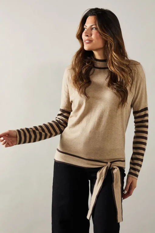 Stripe Sleeve Tie Waist High Neck Jumper