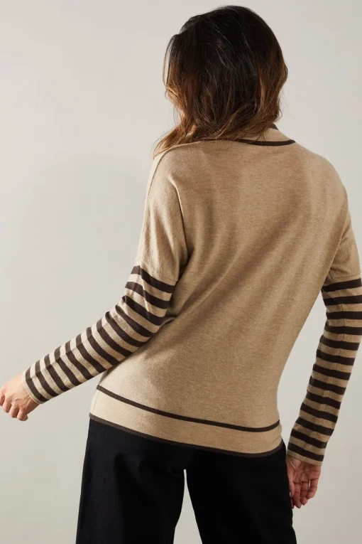 Stripe Sleeve Tie Waist High Neck Jumper