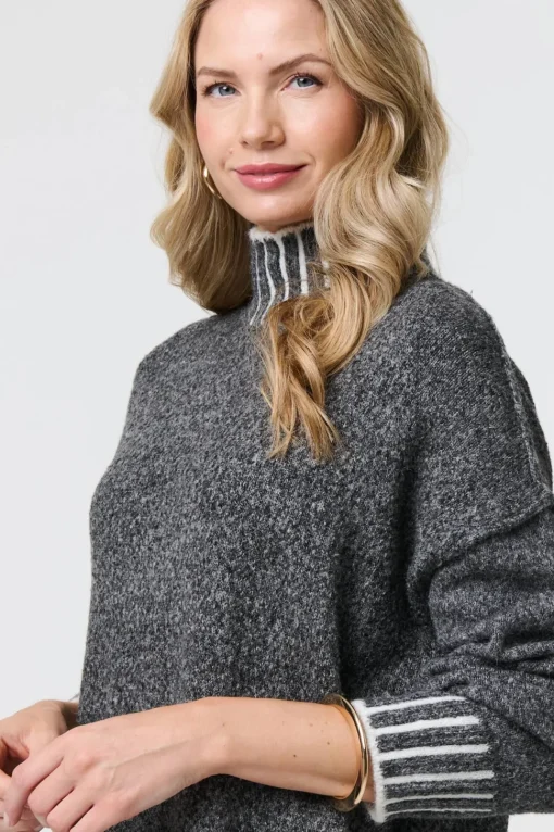 Stripe Trim High Neck Oversized Jumper