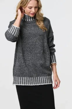 Stripe Trim High Neck Oversized Jumper