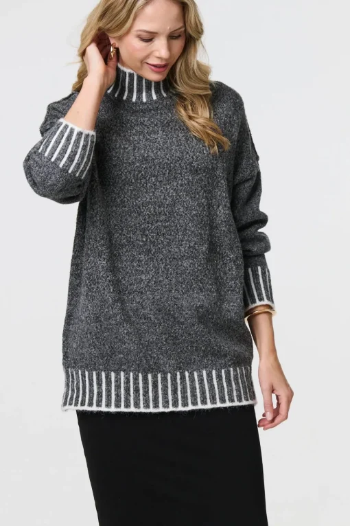 Stripe Trim High Neck Oversized Jumper