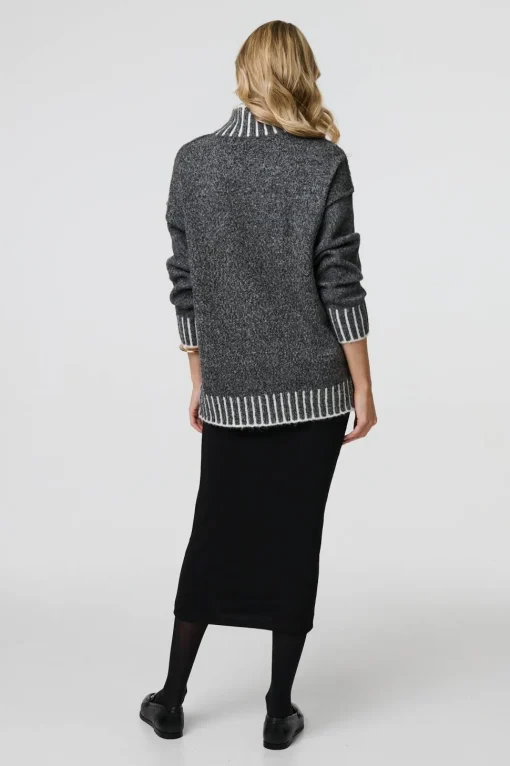 Stripe Trim High Neck Oversized Jumper