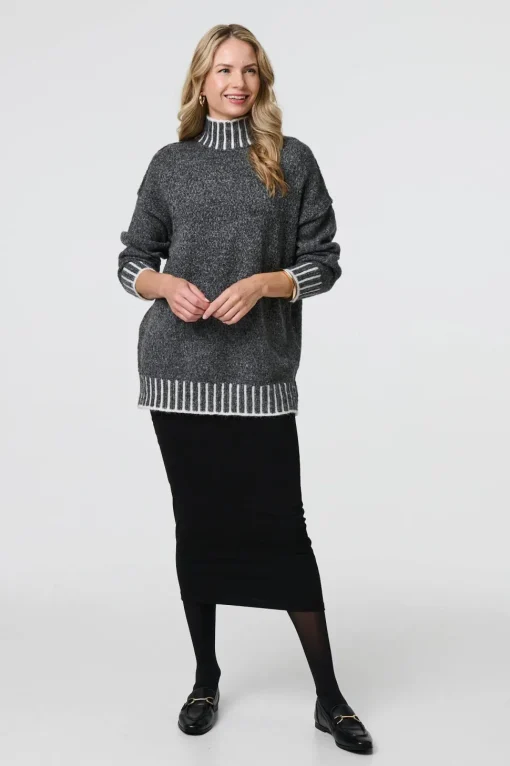 Stripe Trim High Neck Oversized Jumper