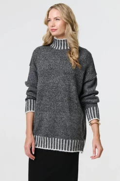 Stripe Trim High Neck Oversized Jumper