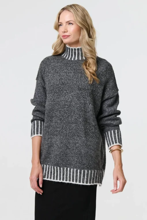 Stripe Trim High Neck Oversized Jumper