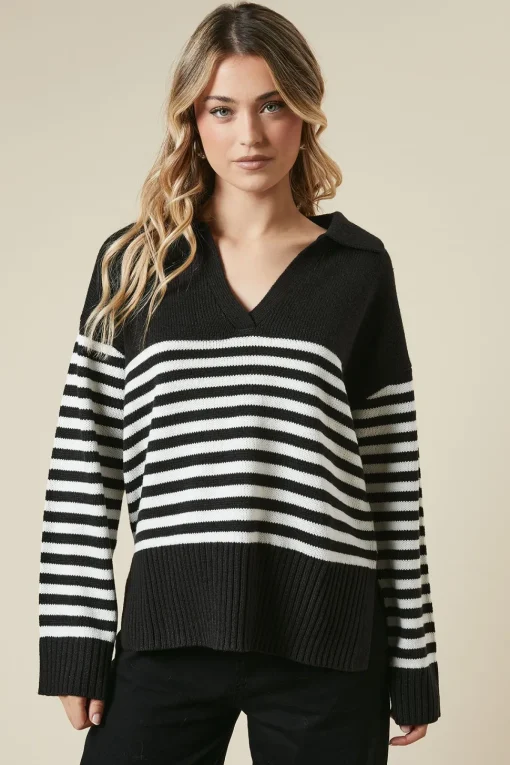 Striped Collared Knitted Jumper