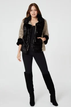 Striped Faux Fur 3/4 Sleeve Jacket