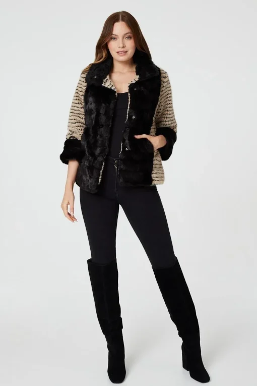 Striped Faux Fur 3/4 Sleeve Jacket