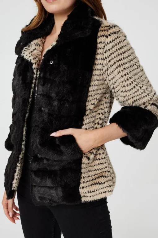 Striped Faux Fur 3/4 Sleeve Jacket