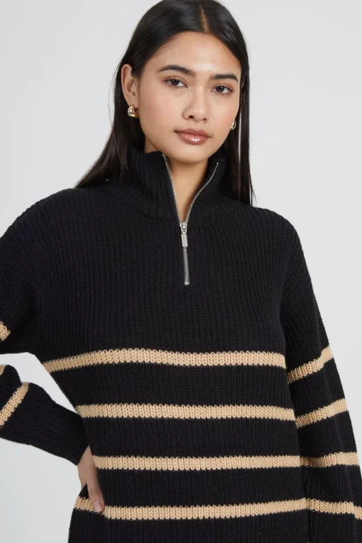 Striped Knitted Half Zip Mini Dress