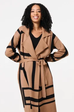 Striped Print Tie Waist Longline Coat