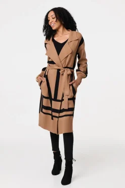 Striped Print Tie Waist Longline Coat