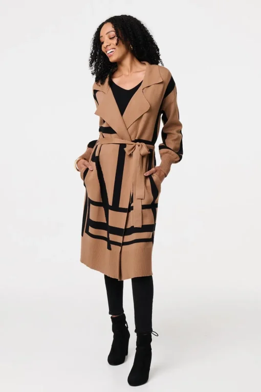 Striped Print Tie Waist Longline Coat
