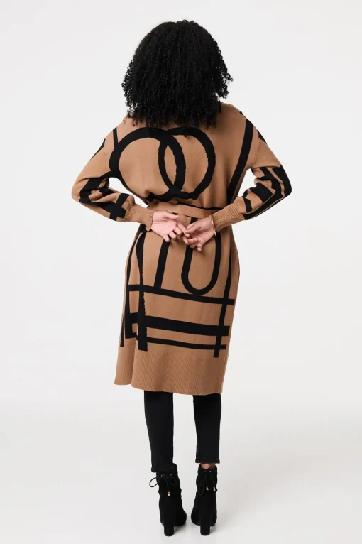 Striped Print Tie Waist Longline Coat