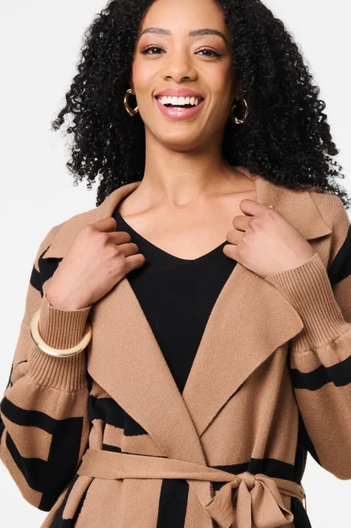 Striped Print Tie Waist Longline Coat