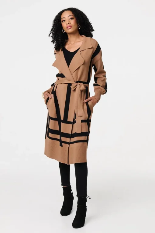 Striped Print Tie Waist Longline Coat