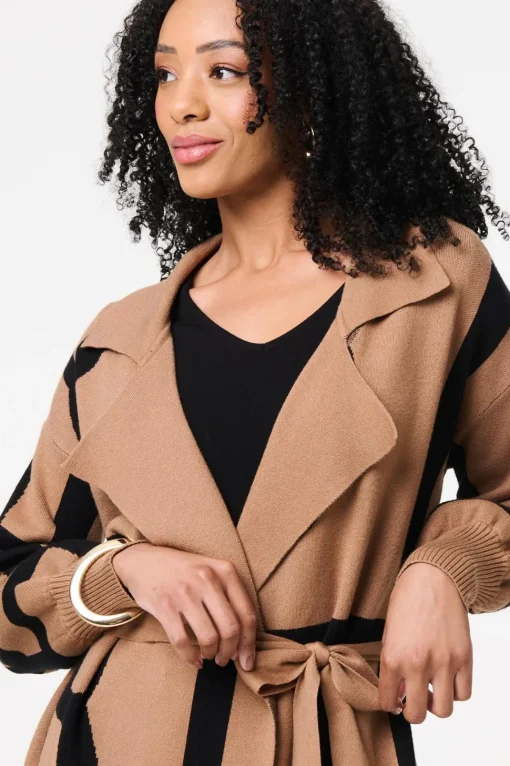 Striped Print Tie Waist Longline Coat