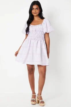 Striped Seersucker Bardot Puff Sleeve Shirred Mini Dress