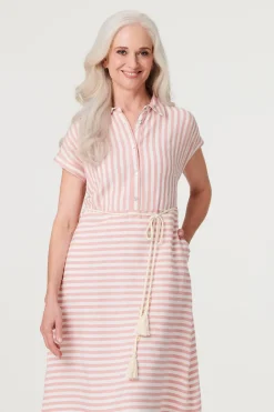 Striped Tie Waist Knee Length Dress