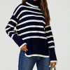 Stripes Pattern Turtleneck Jumper Top In Navy