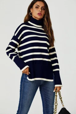 Stripes Pattern Turtleneck Jumper Top In Navy