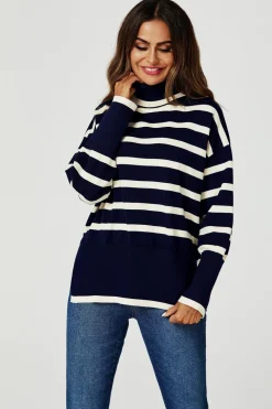 Stripes Pattern Turtleneck Jumper Top In Navy