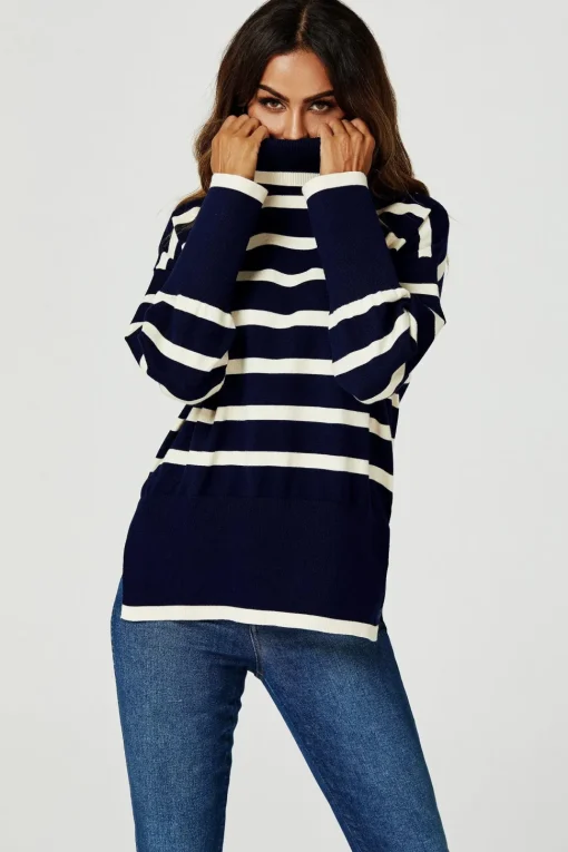 Stripes Pattern Turtleneck Jumper Top In Navy
