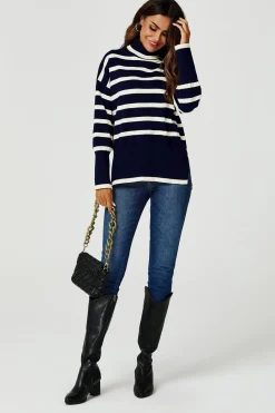 Stripes Pattern Turtleneck Jumper Top In Navy