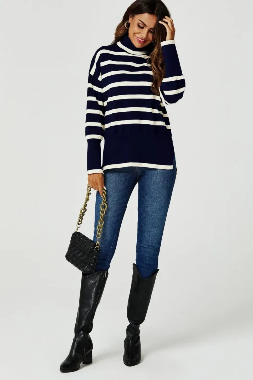 Stripes Pattern Turtleneck Jumper Top In Navy