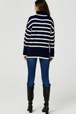 Stripes Pattern Turtleneck Jumper Top In Navy