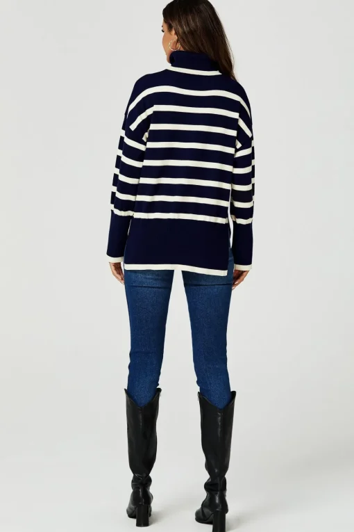 Stripes Pattern Turtleneck Jumper Top In Navy