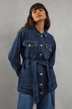 Stud Detail Belted Denim Jacket