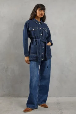 Stud Detail Belted Denim Jacket