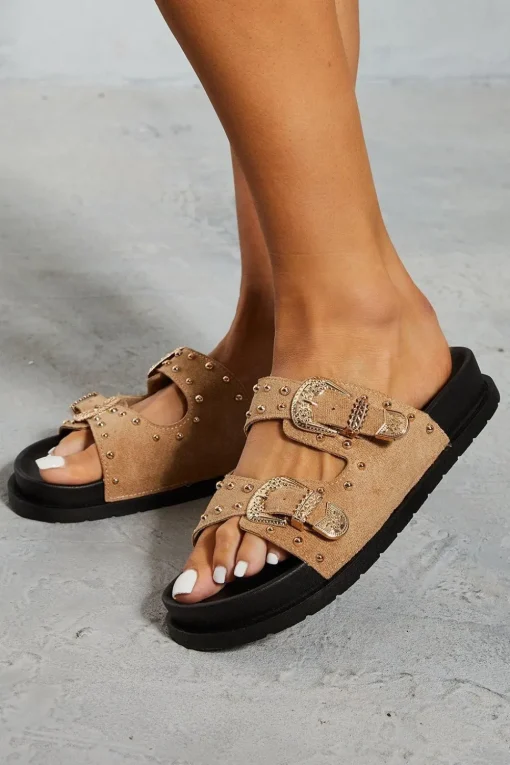 Studded Faux Suede Buckle Sliders