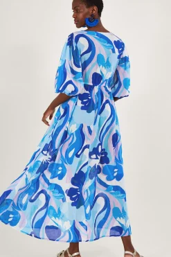 Swirl Print Puff Sleeve Maxi Dress