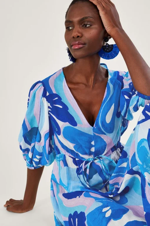 Swirl Print Puff Sleeve Maxi Dress