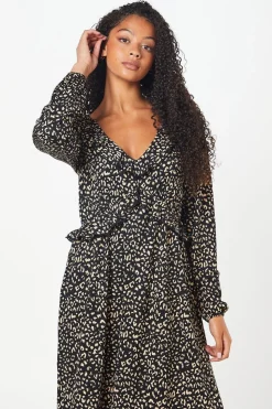 Tall Animal Print Ruffle Front Midi Dress